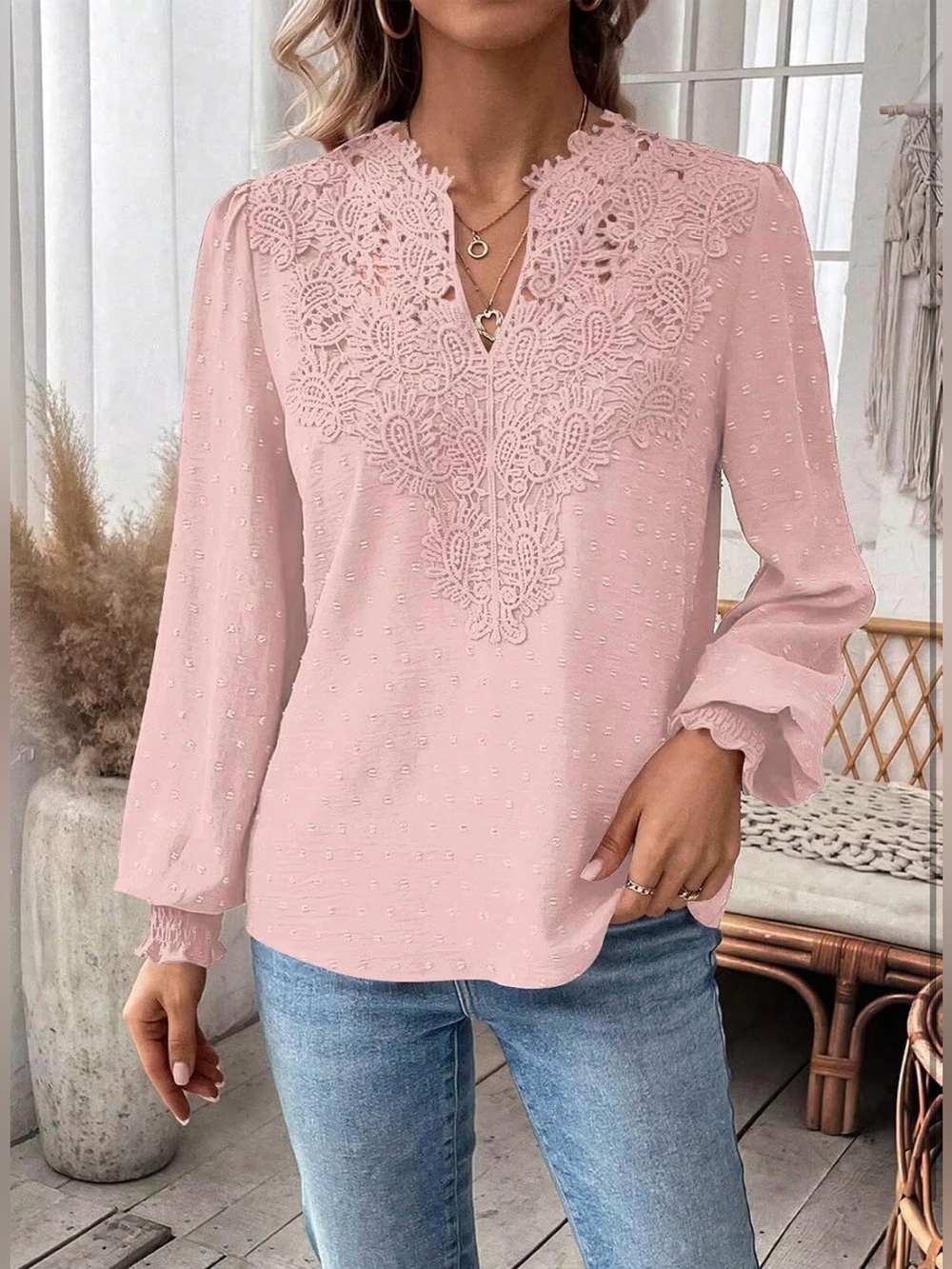 Falechay Women's Pink Lace-Detail V-Neck Blouse
